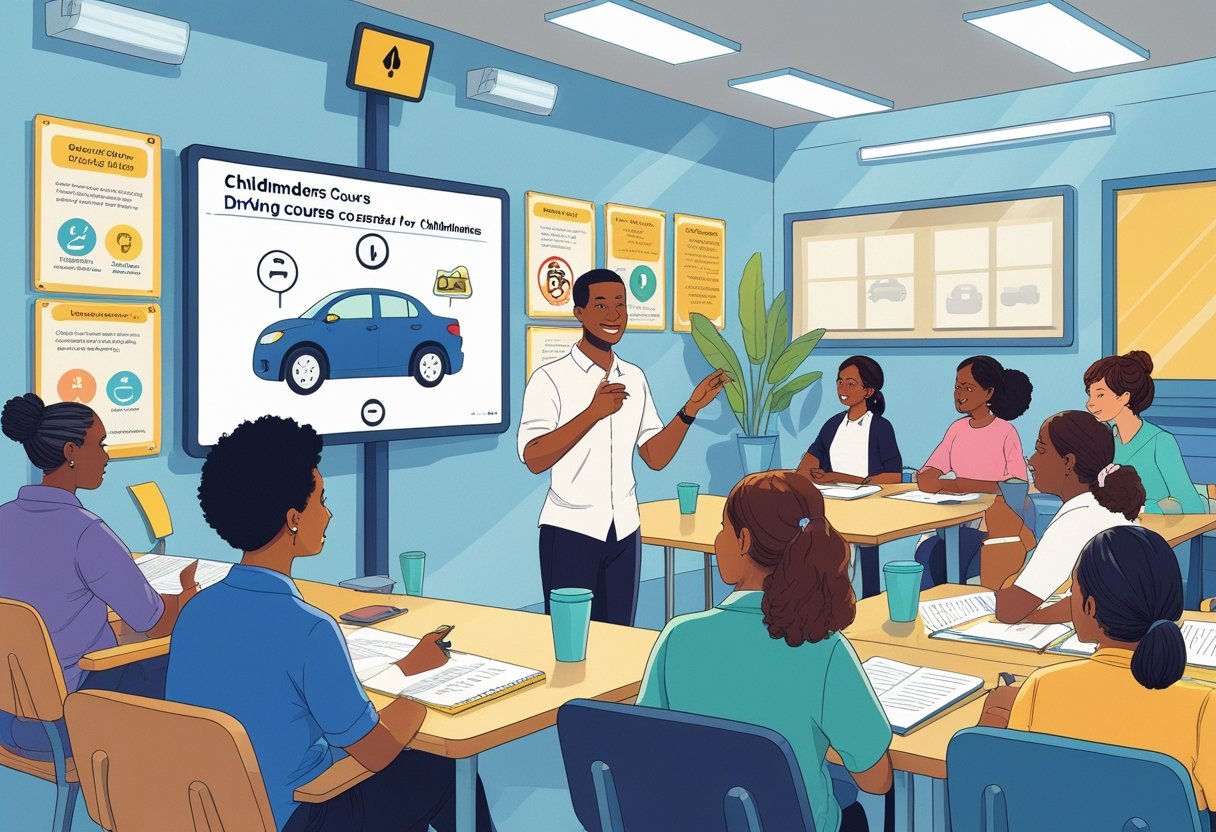 A group of adult learners in a bright classroom attentively listening to an instructor explaining driving concepts with a model car and educational materials around.