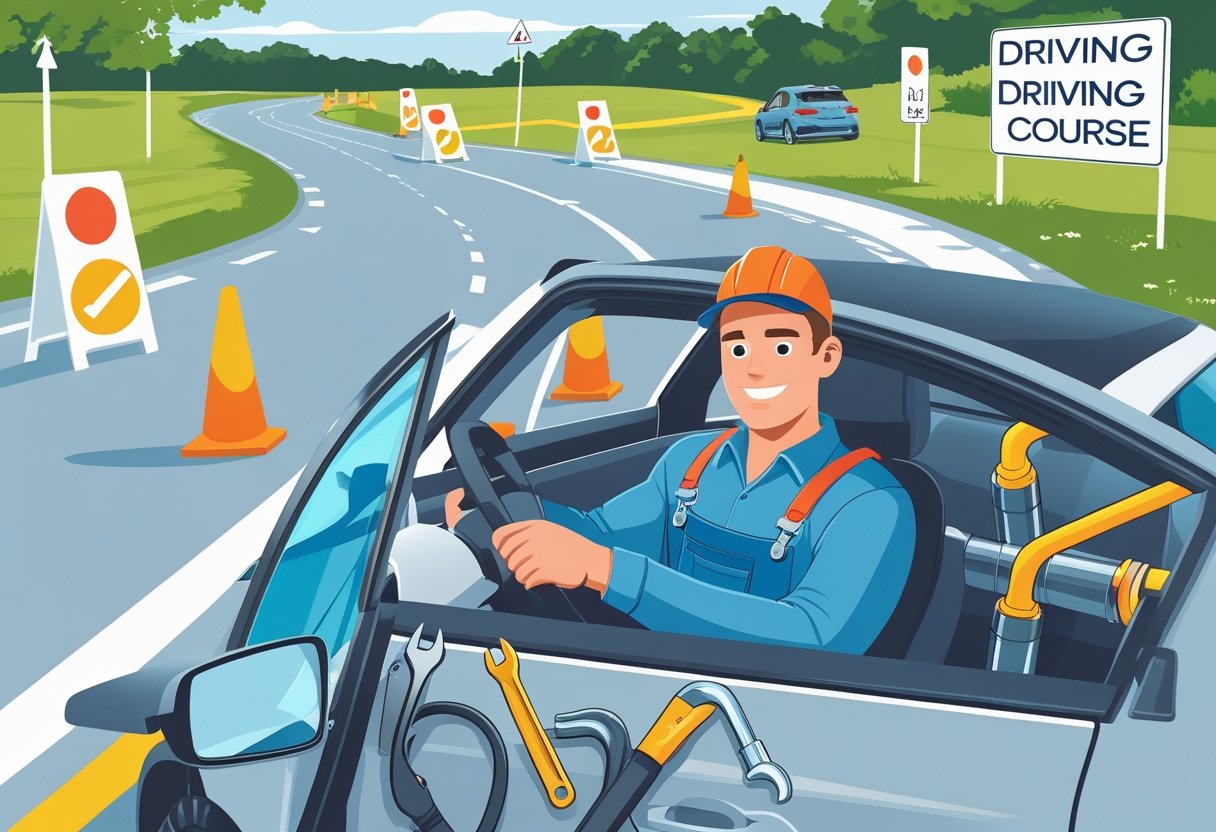 A plumber in work overalls driving a car on a driving course with a driving instructor beside them, surrounded by road signs and cones.