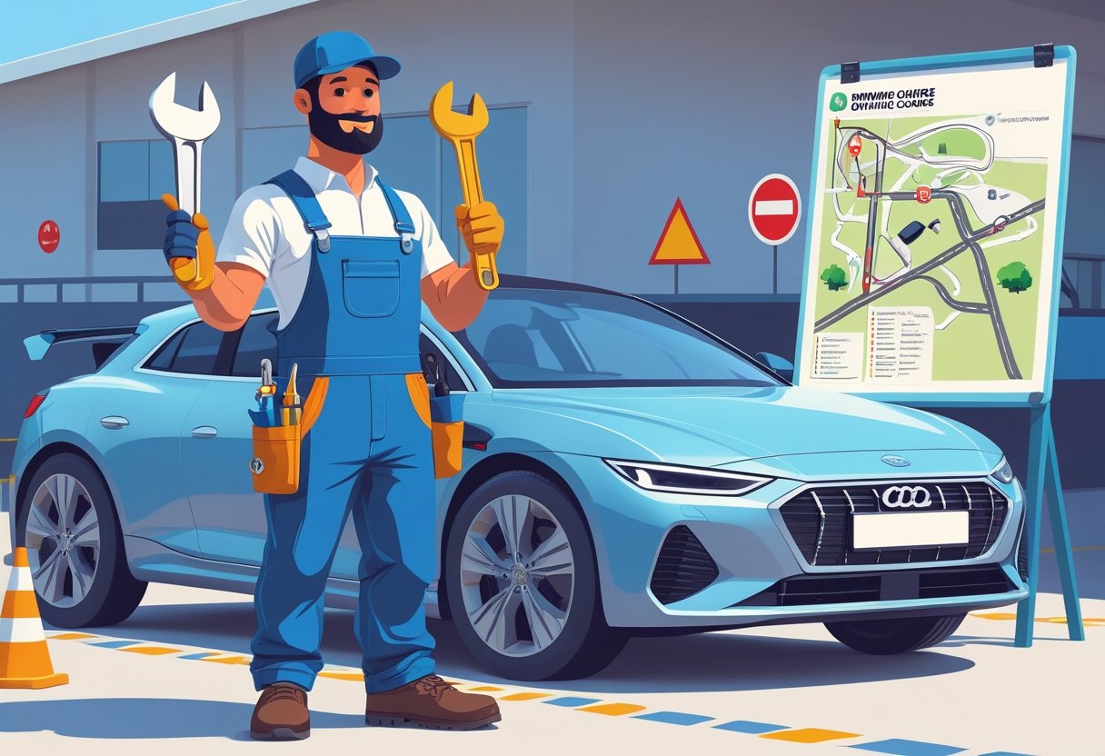 A plumber in work overalls standing next to a car with a driving instructor showing a driving course map in a training area with cones and road signs.