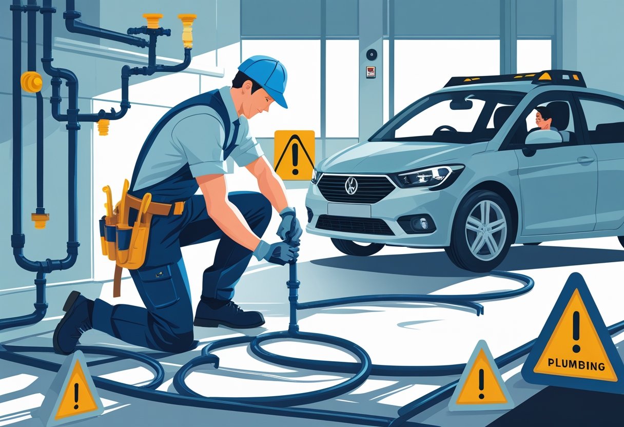 A plumber fixing a leaking pipe under a sink while a driving instructor teaches a plumber inside a car in the background.