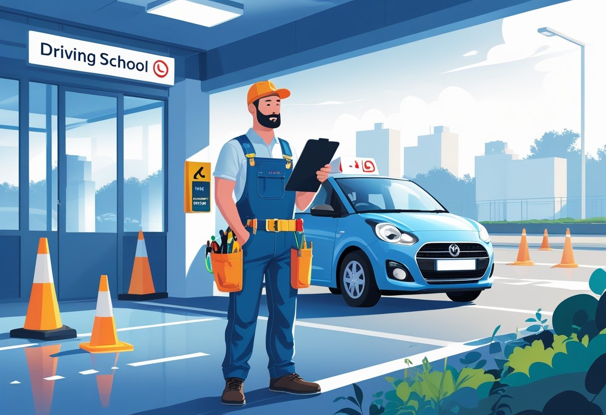 A plumber in work overalls listens to a driving instructor by a car in a driving school setting with cones on the road.