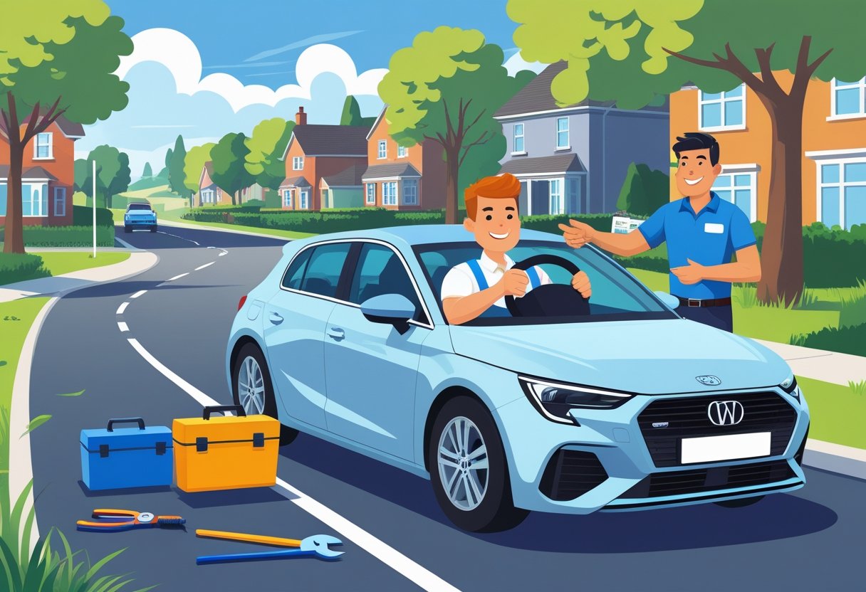 A plumber sitting in a car with a driving instructor standing beside it, set on a suburban road with houses and trees in the background.