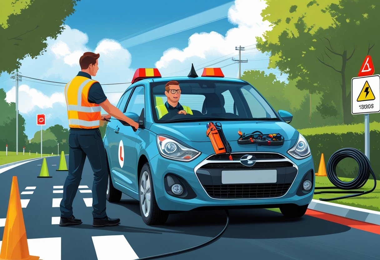 An electrician wearing a high-visibility vest is driving a car with an instructor beside them on a driving test track with cones and road signs.