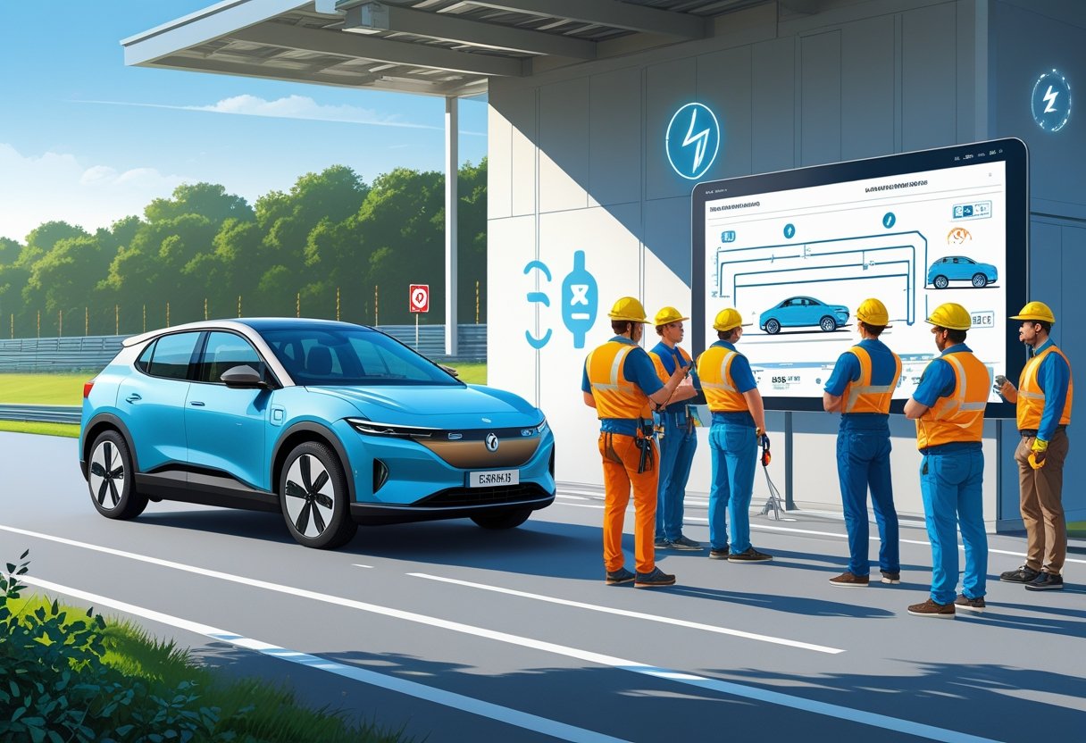 Electricians attending a driving lesson next to an electric car and a training facility, with an instructor explaining driving techniques.