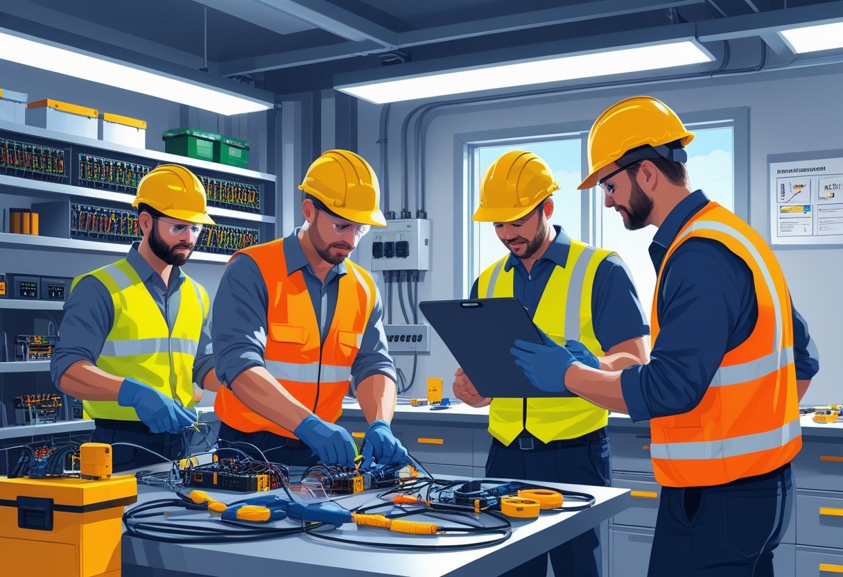 Electricians wearing safety gear working together in a workshop, receiving guidance from an instructor while handling electrical equipment and tools.
