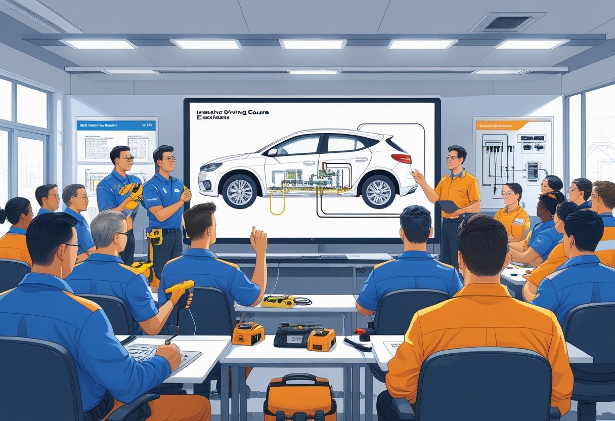 A classroom where an instructor teaches a group of electricians about driving, with students paying attention and electrical tools nearby.