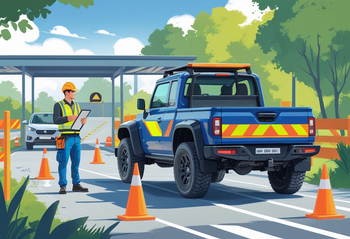 A driving instructor teaches a builder in workwear how to drive a pickup truck in a training area with cones and construction site elements.