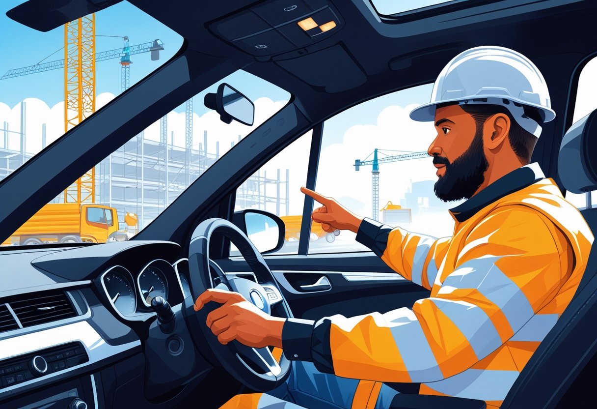 A driving instructor teaching a builder wearing a hard hat and high-visibility vest how to drive inside a car, with construction equipment visible outside.