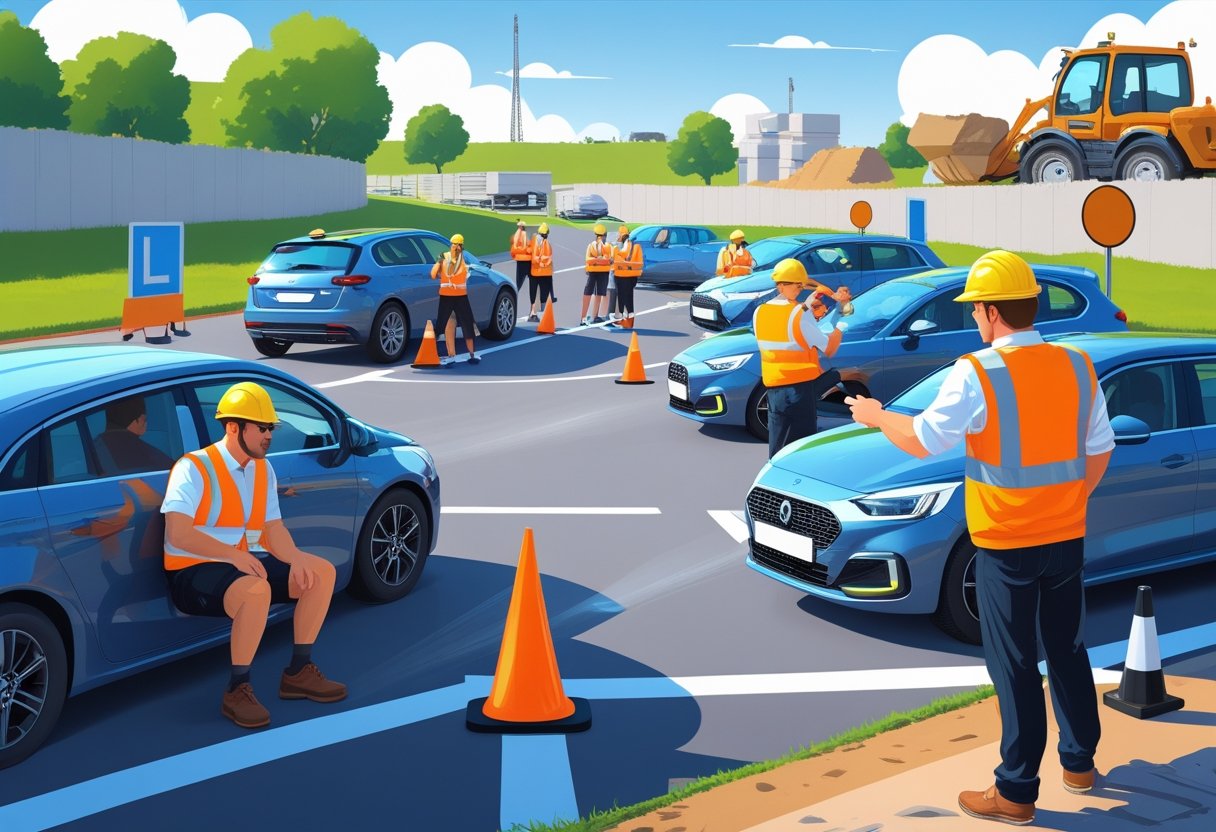 Builder trainees wearing high-visibility vests and hard hats taking a driving lesson on a training ground with an instructor guiding them.