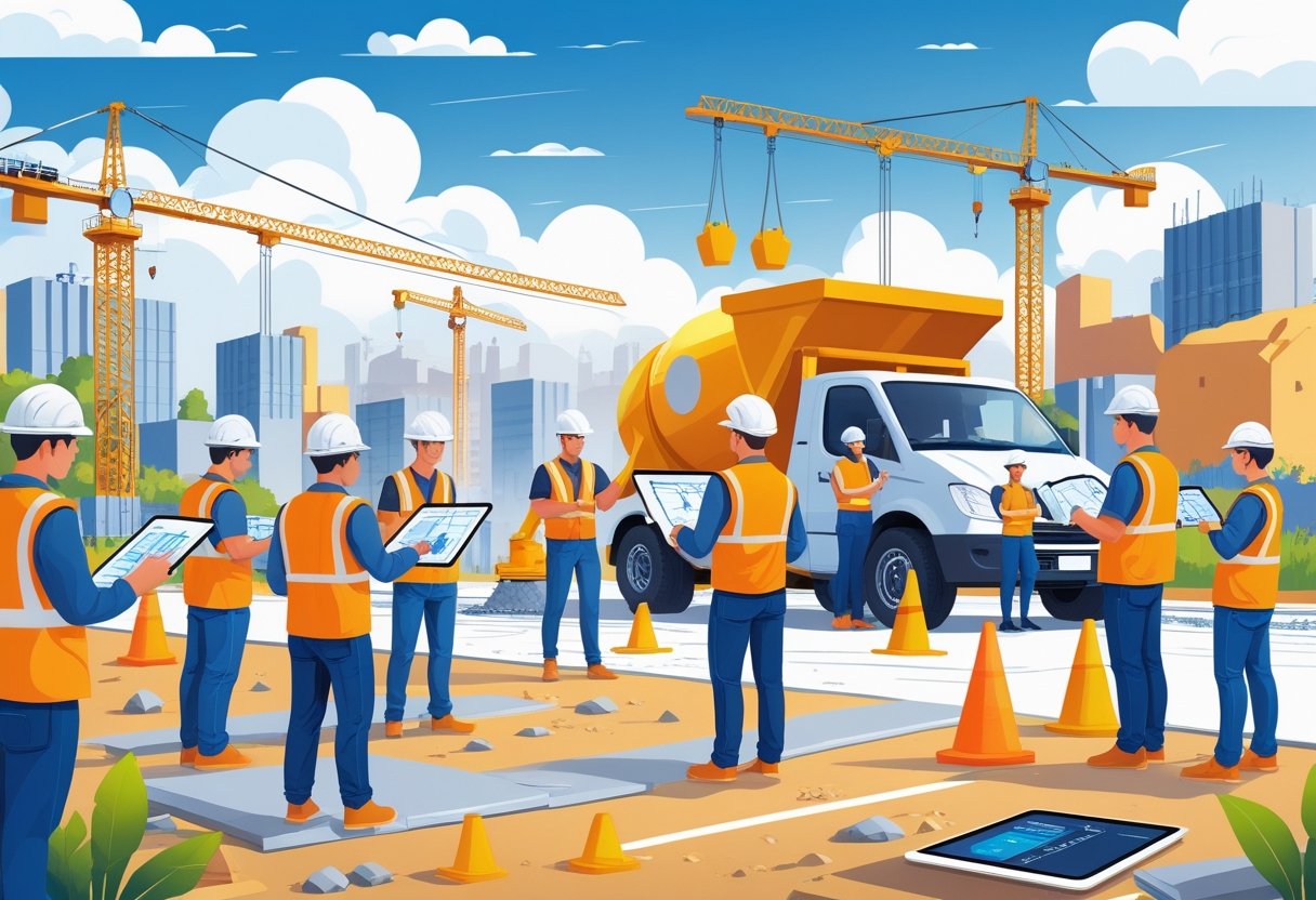 Builders working together on a construction site with machinery and blueprints, while a driving instructor guides a builder in a driving simulator nearby.
