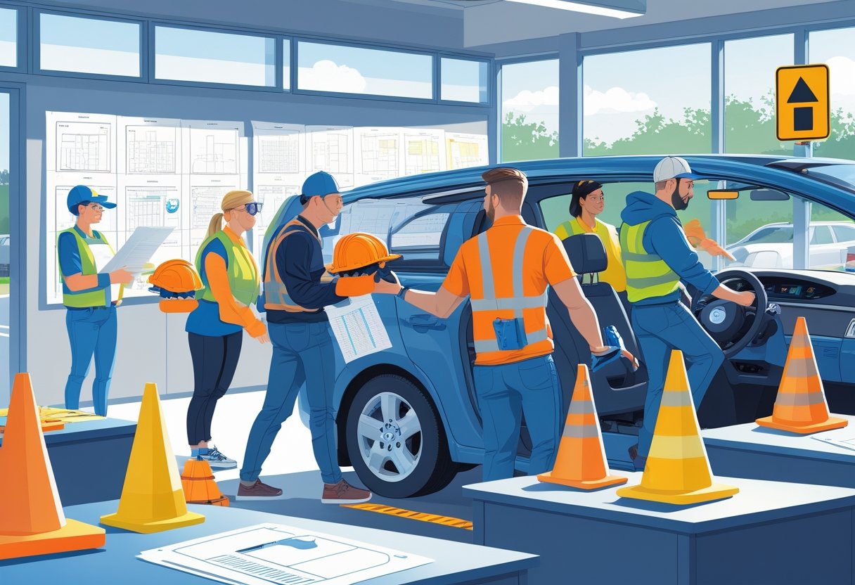 Builders attending a driving course with an instructor in a classroom and vehicle setting, surrounded by construction tools and driving equipment.