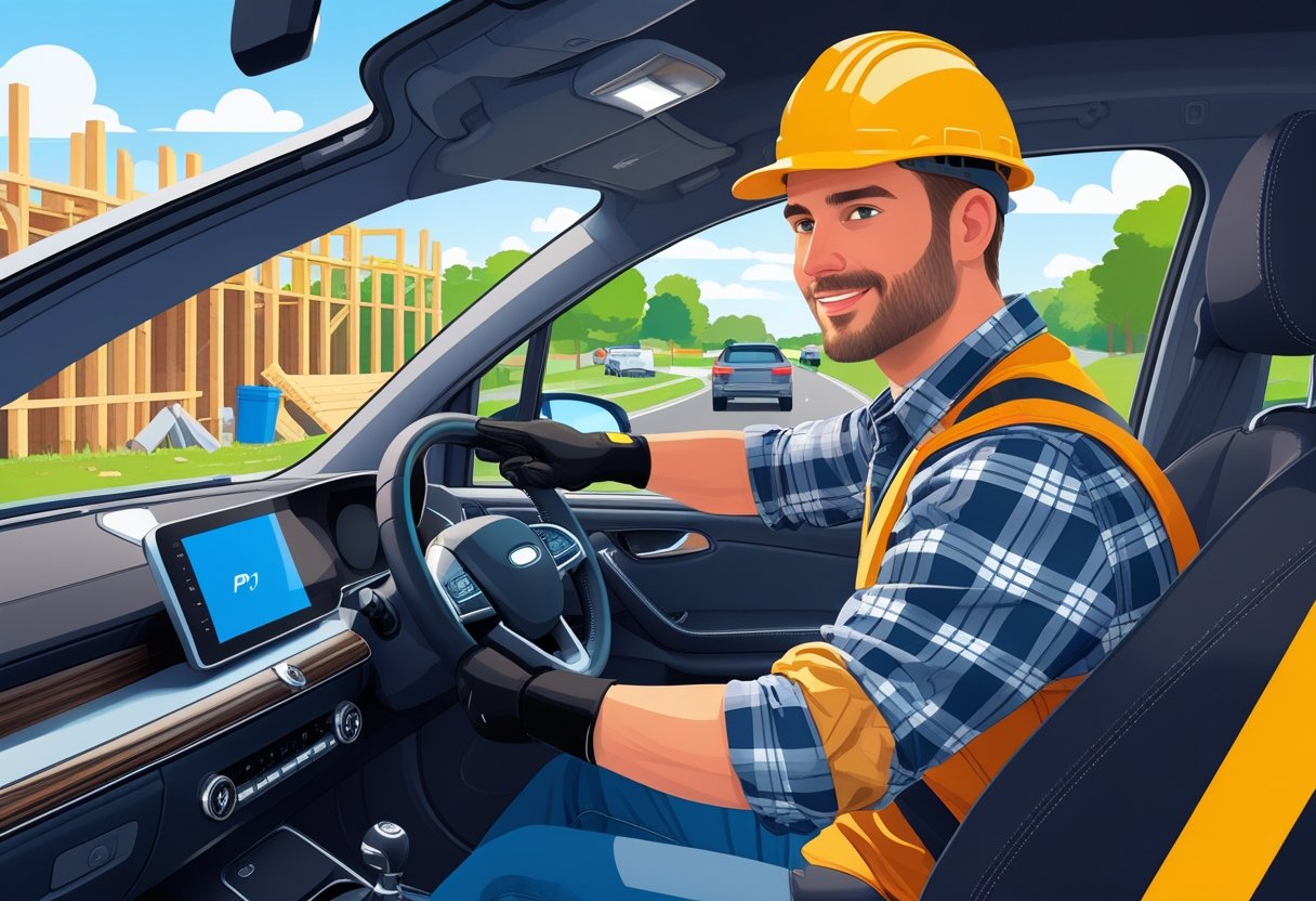A carpenter wearing a hard hat is sitting in the driver's seat of a car, with a driving instructor beside him, and a construction site visible outside the window.