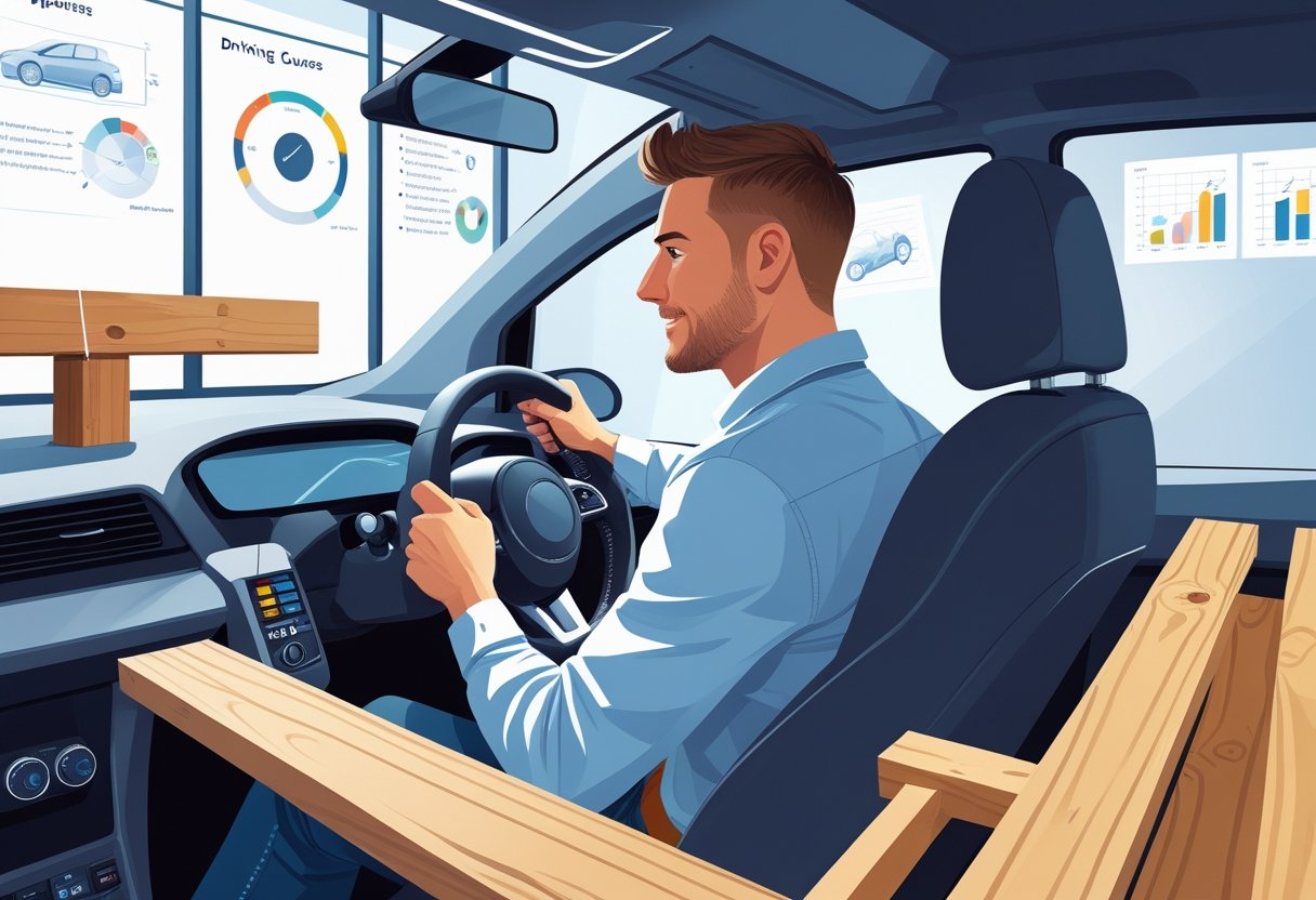 A carpenter attentively practising driving inside a car surrounded by carpentry tools and a training environment.