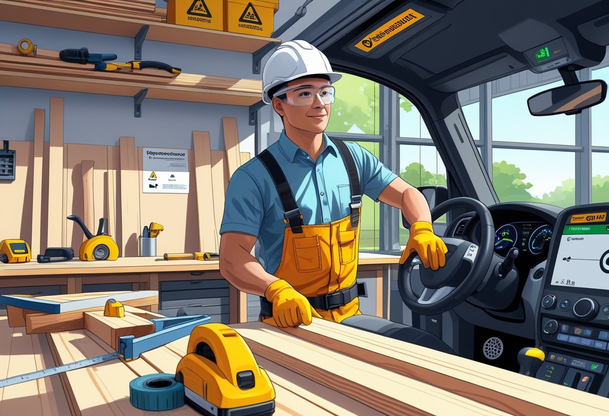 A carpenter working in a workshop surrounded by tools, next to a driving simulator where the carpenter is taking a driving lesson.