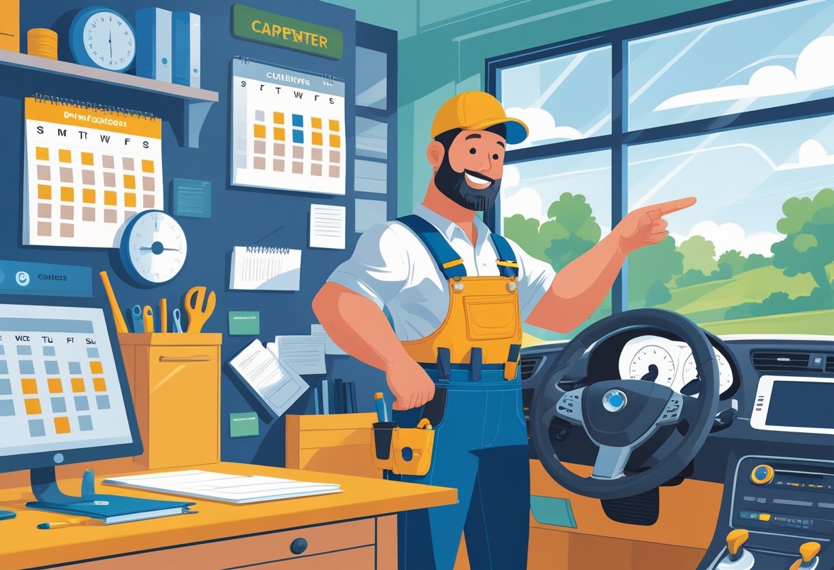 A carpenter speaking with a driving instructor in a driving school office next to a car, discussing course dates.