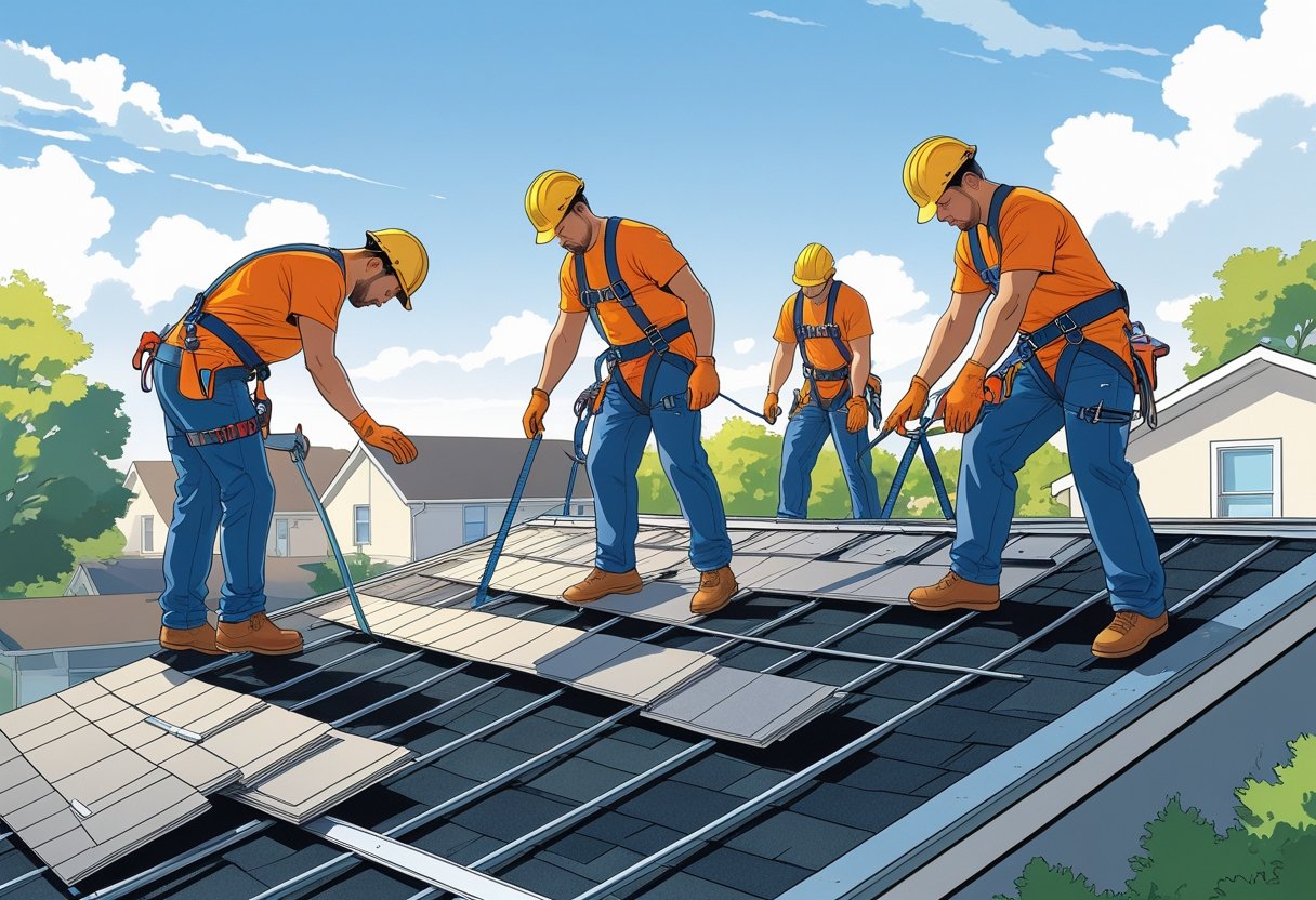 Roofers working together on a rooftop with an instructor guiding them in a suburban neighbourhood.