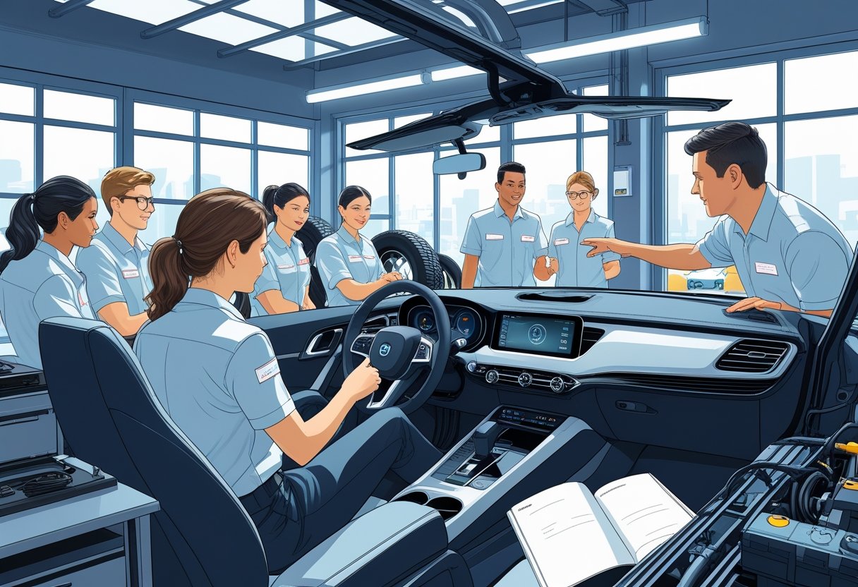 A group of mechanics in a workshop learning driving skills with an instructor beside a modern car.