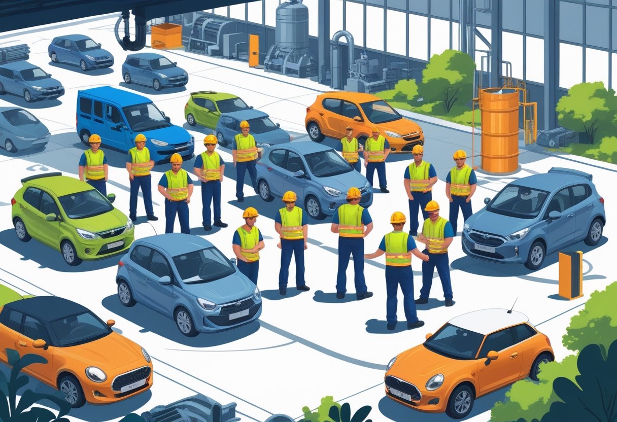 A group of factory workers in safety gear learning to drive with an instructor in a training area near factory buildings.