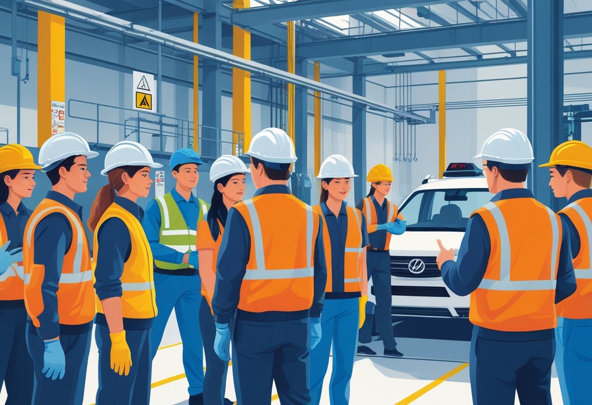 A group of factory workers wearing safety gear in an industrial setting, with an instructor showing them how to use a driving simulator.