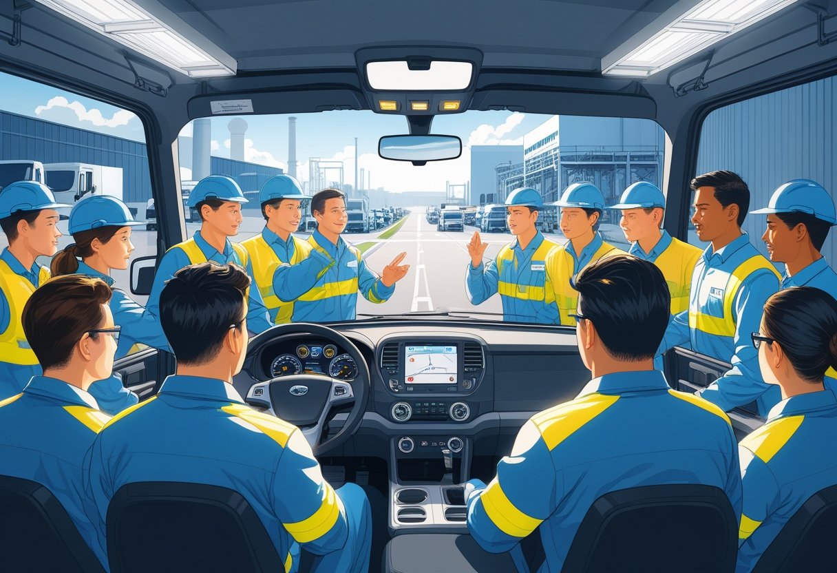 Factory workers participating in a driving training session with an instructor at a modern training facility.