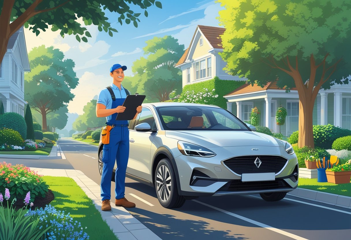 A landscaper standing next to a car on a suburban street with gardens, talking to a driving instructor inside the car.
