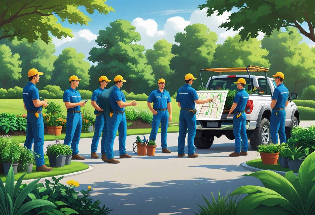 A group of landscapers receiving driving instruction outdoors near a landscaping vehicle and garden equipment.