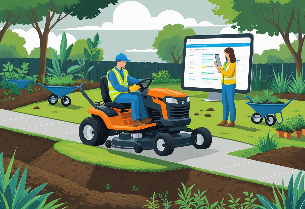 A landscaper operating a lawn mower on uneven ground while another landscaper looks at a digital device showing a training course, surrounded by gardening tools and plants.