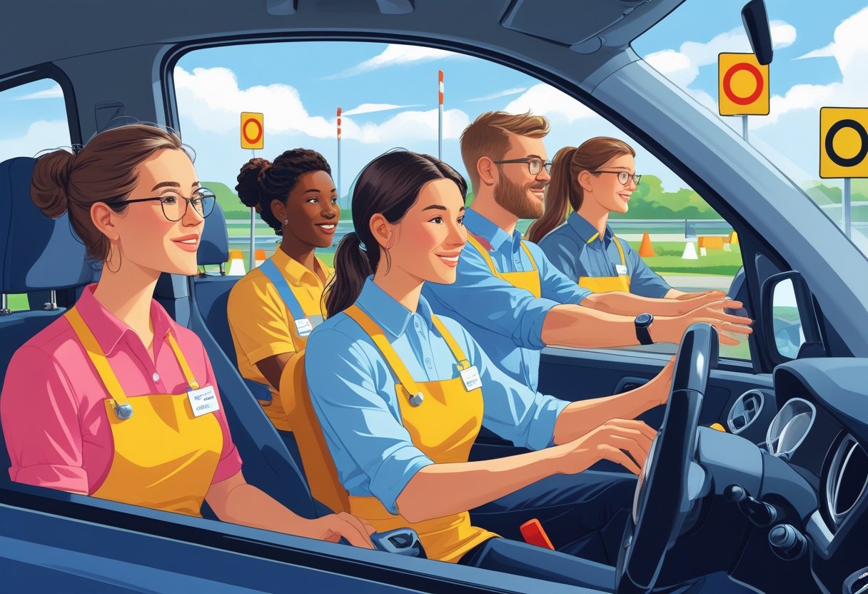 Retail workers in casual uniforms learning to drive a car under the guidance of an instructor at a driving school.