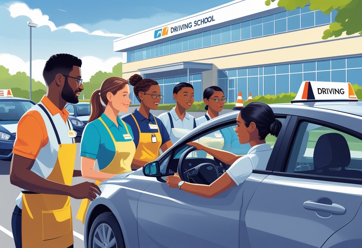 A group of retail workers learning to drive with an instructor in a driving school setting.