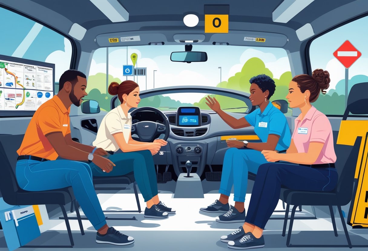 Retail workers learning to drive in a driving school with an instructor guiding them using a car simulator and teaching materials.