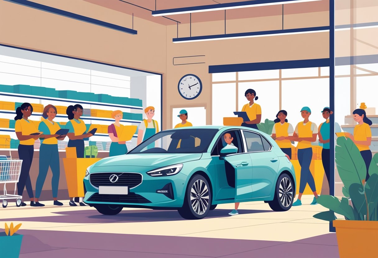 A group of retail workers managing busy store tasks with one worker confidently getting out of a car, representing support through a driving course.