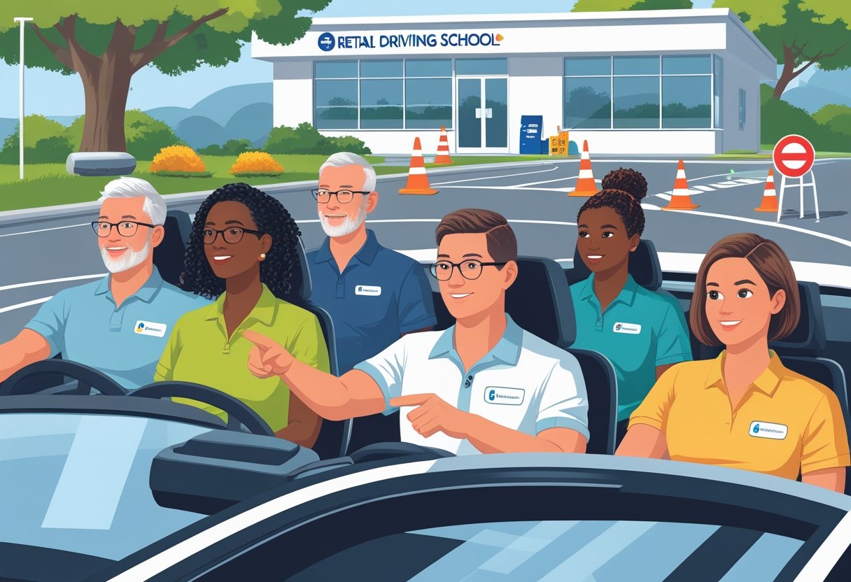 Retail workers learning to drive in a car with an instructor in a driving school setting.