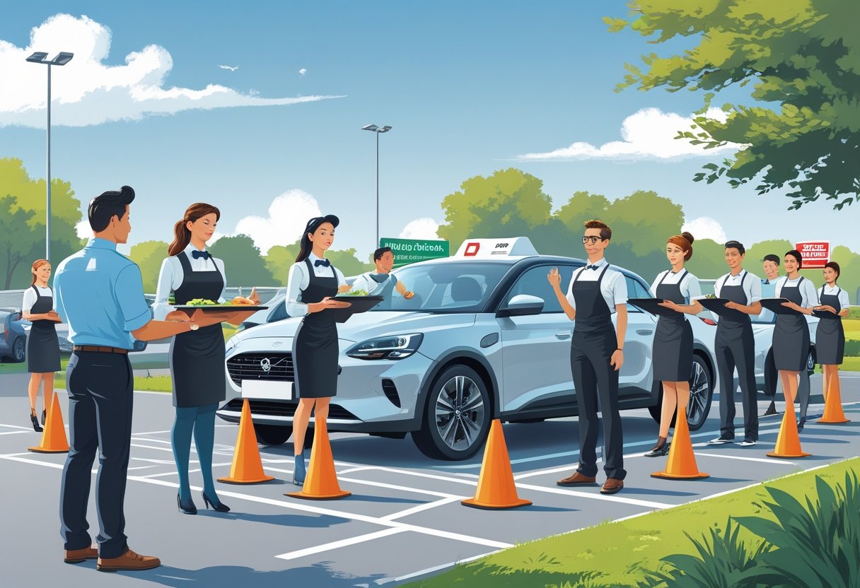 A group of waiters in uniforms learning to drive with an instructor beside a car in a driving school parking lot.