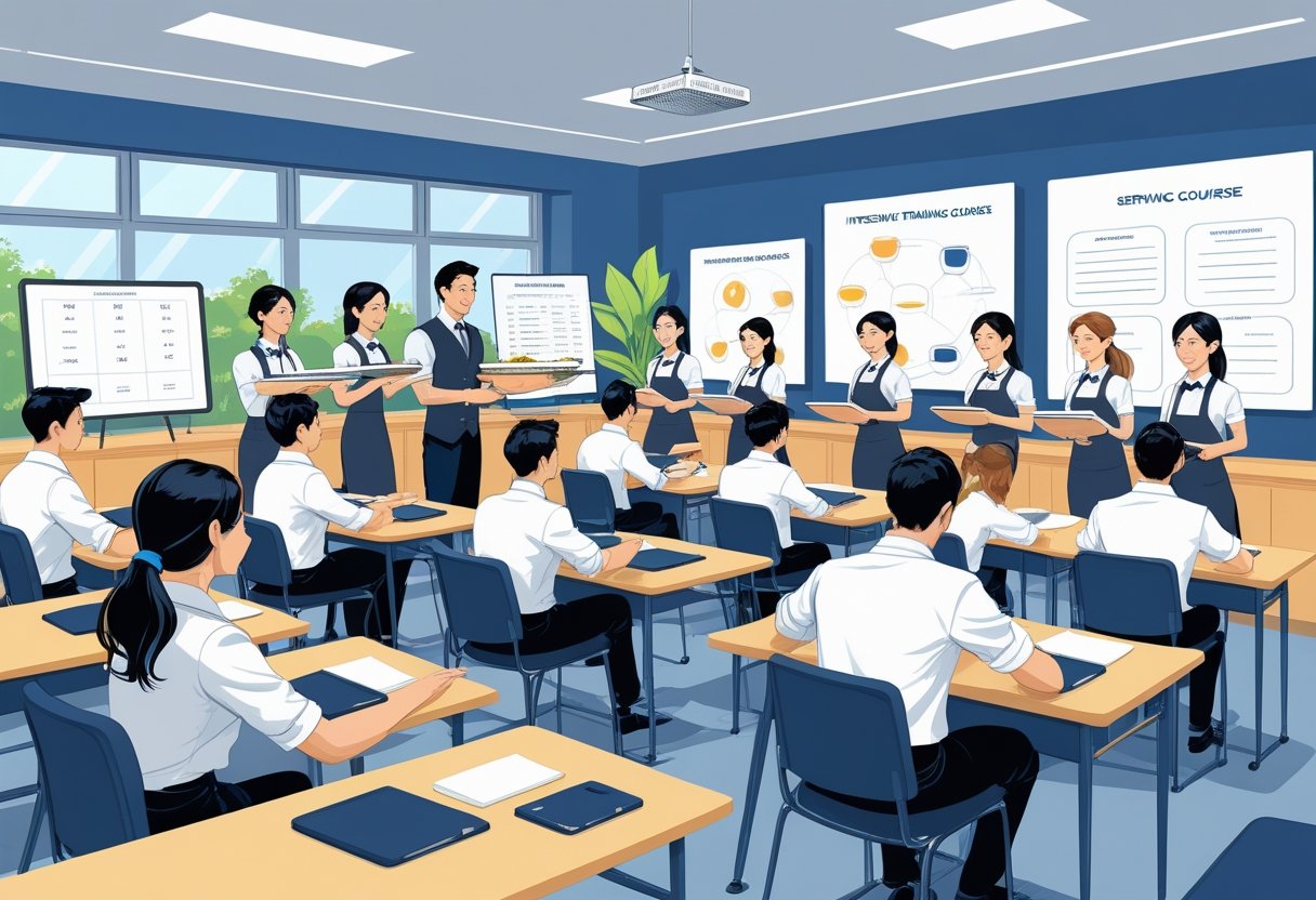 A group of waiter trainees attentively learning practical serving skills from an instructor in a bright classroom.