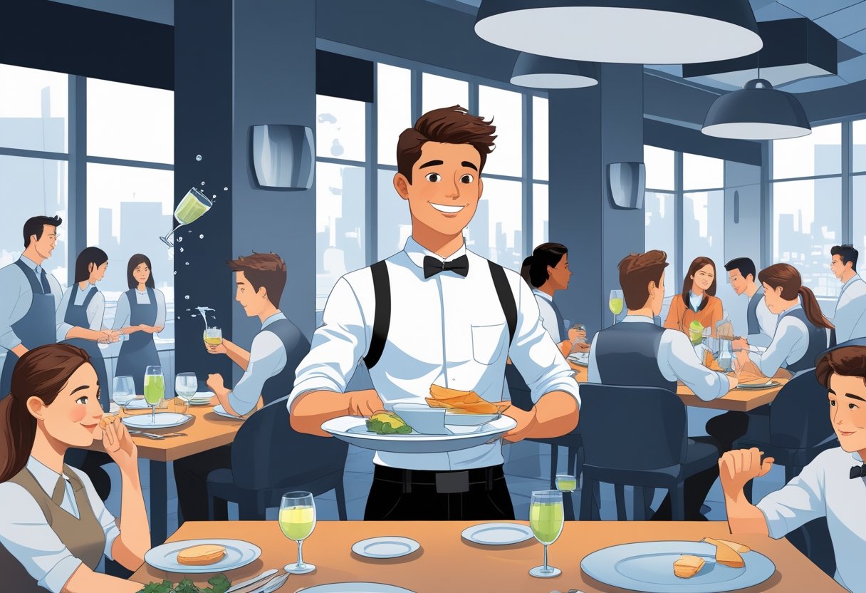 A busy restaurant with waiters skillfully serving customers and managing common challenges like spills and crowd navigation.