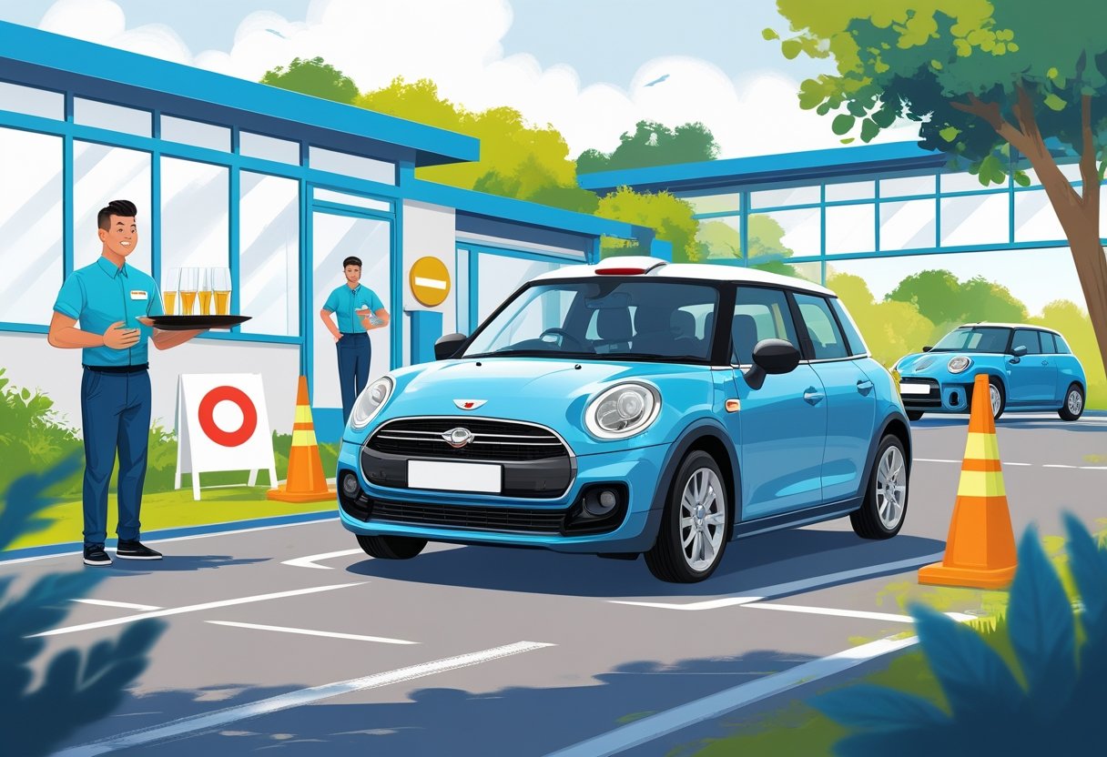 A waiter in uniform driving a small car through a driving course with an instructor watching nearby.