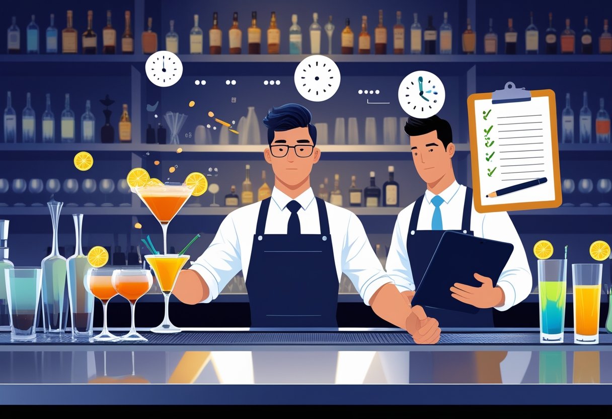 A bartender skillfully managing a busy bar with customers while receiving guidance from an instructor in a modern bar setting.