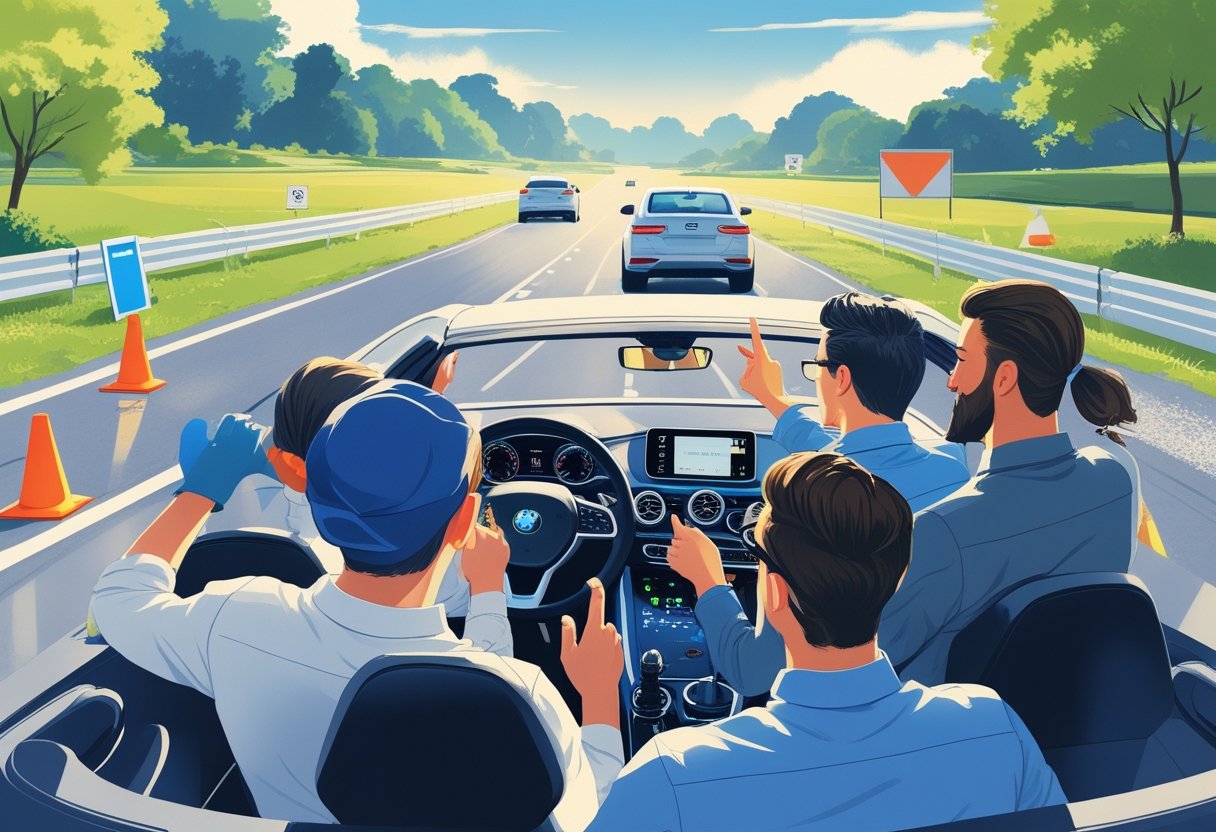 A group of bartenders learning to drive in a car with an instructor at a driving range with cones and road signs.