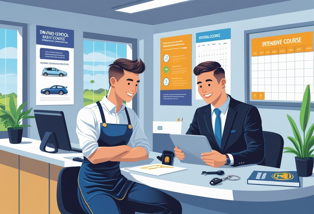 A bartender speaking with a driving instructor at a driving school reception desk, with driving materials and a calendar visible in the background.