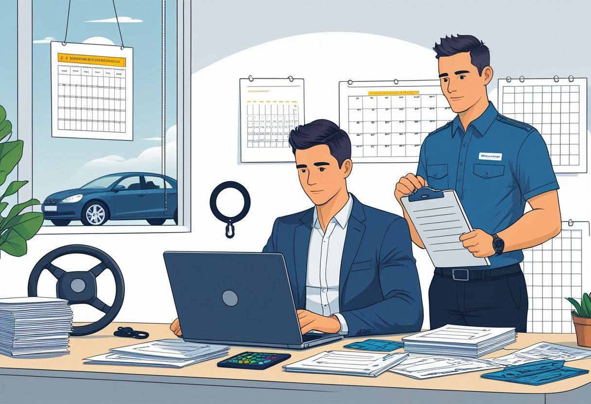 An accountant at a desk with financial papers and a laptop, talking to a driving instructor holding a clipboard in a modern office with a car visible outside the window.