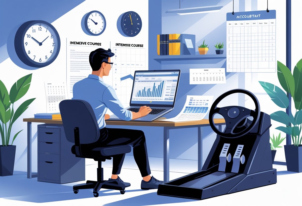 An accountant in an office using a driving simulator alongside financial documents, showing focus on an intensive driving course.