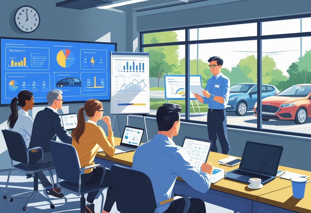 An accountant in a classroom attending an intensive driving course with an instructor and other adult learners.