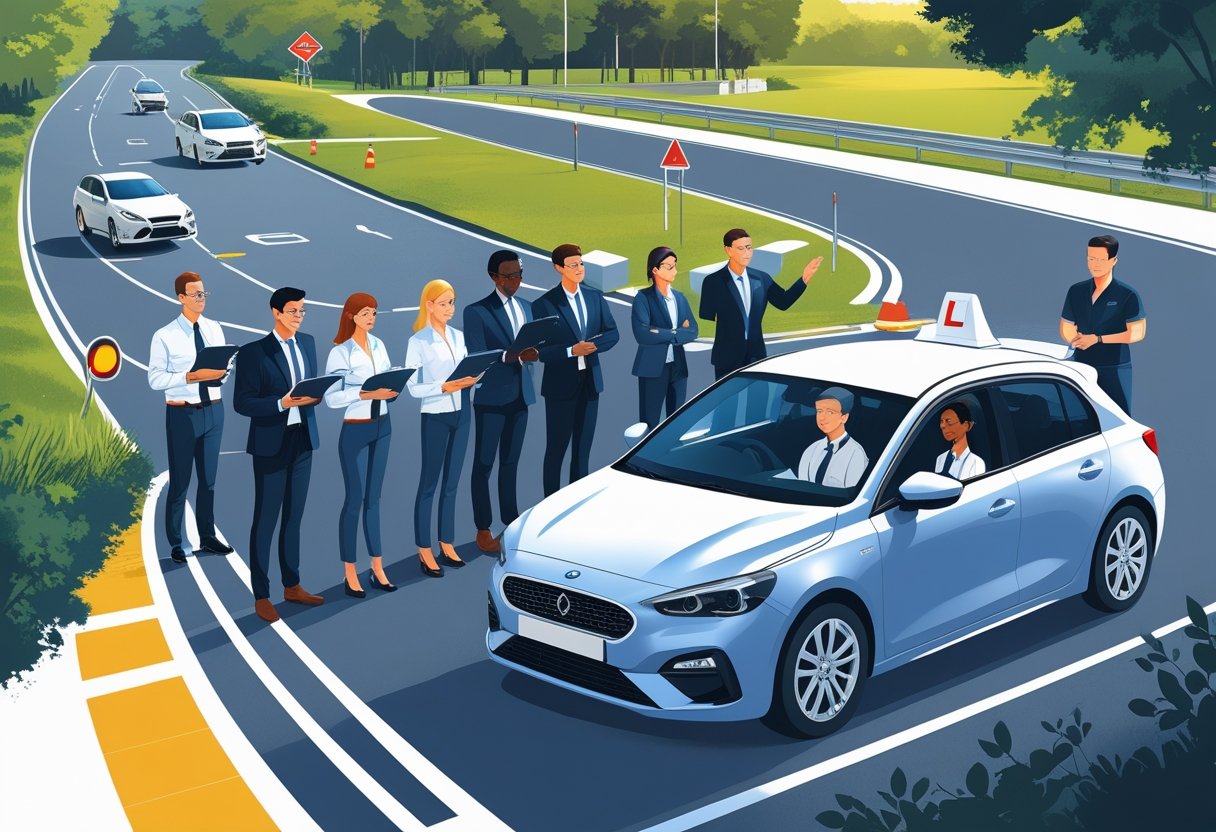 A group of HR professionals learning to drive at a driving school with an instructor and a training car on a driving track.