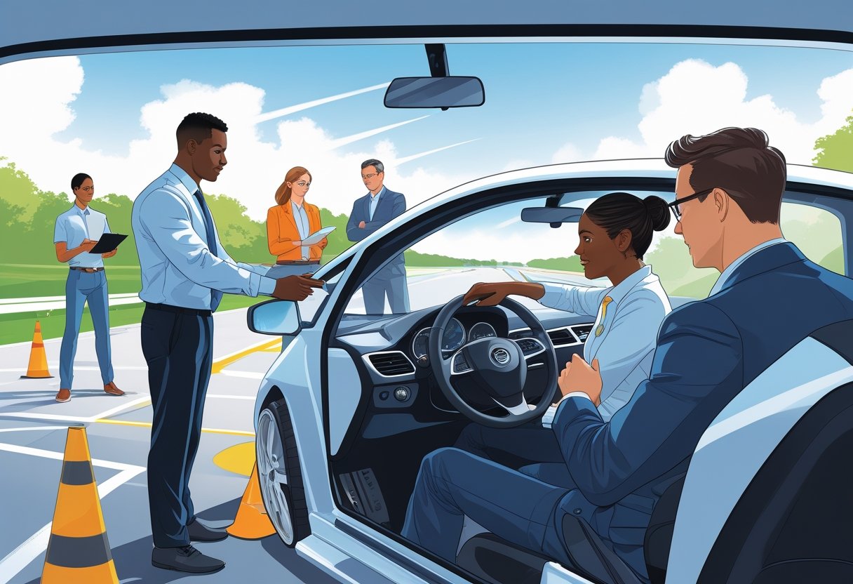 A group of HR professionals learning to drive with an instructor in a driving school setting.