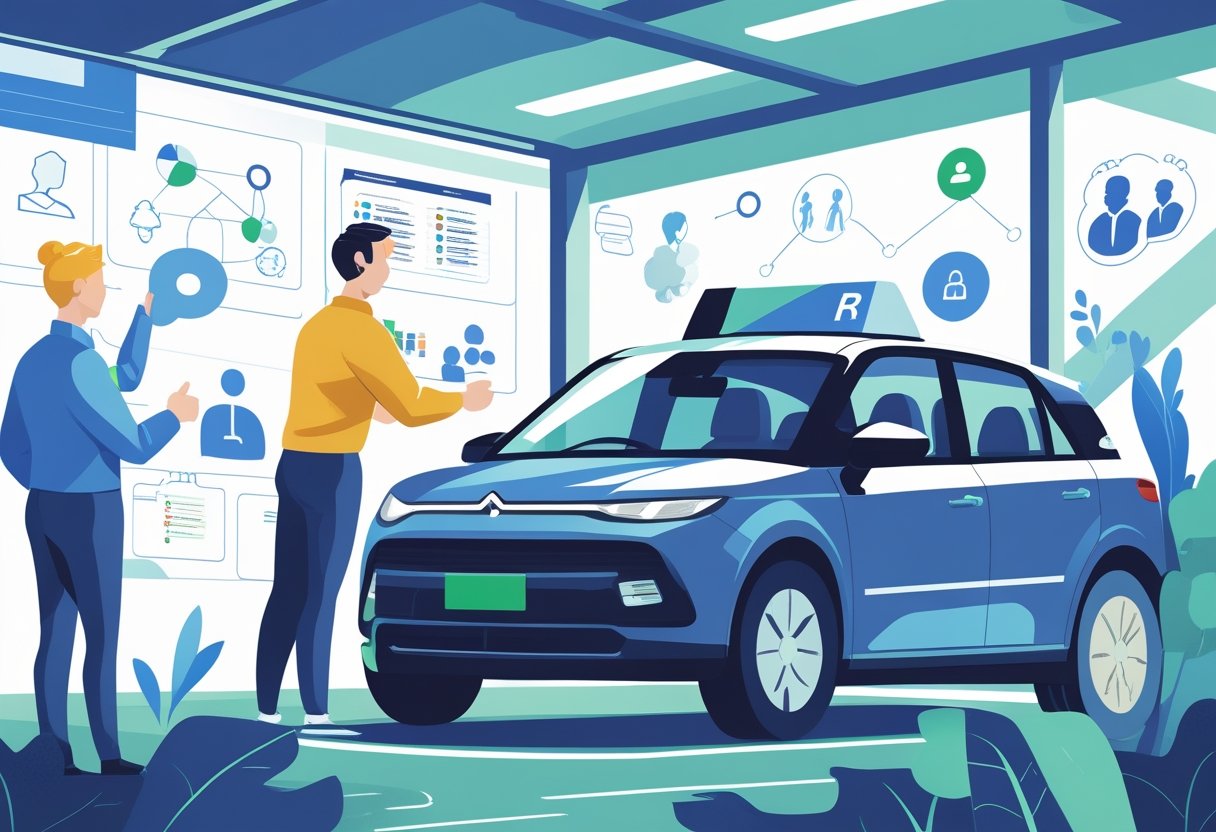 An HR professional learning to drive in a modern driving school with an instructor beside them, surrounded by subtle symbols representing professional growth.