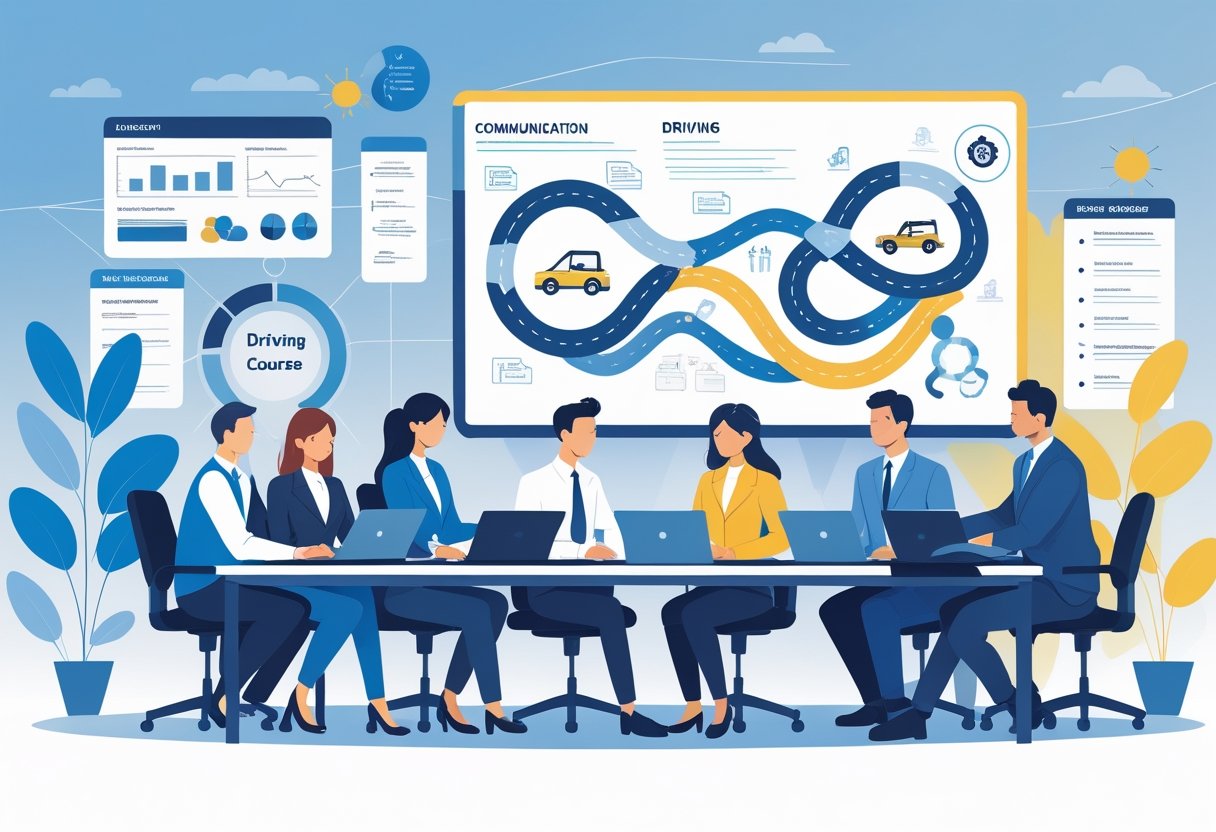 A group of HR professionals working together in an office, with one leading a training session using a whiteboard showing a road and driving symbols.