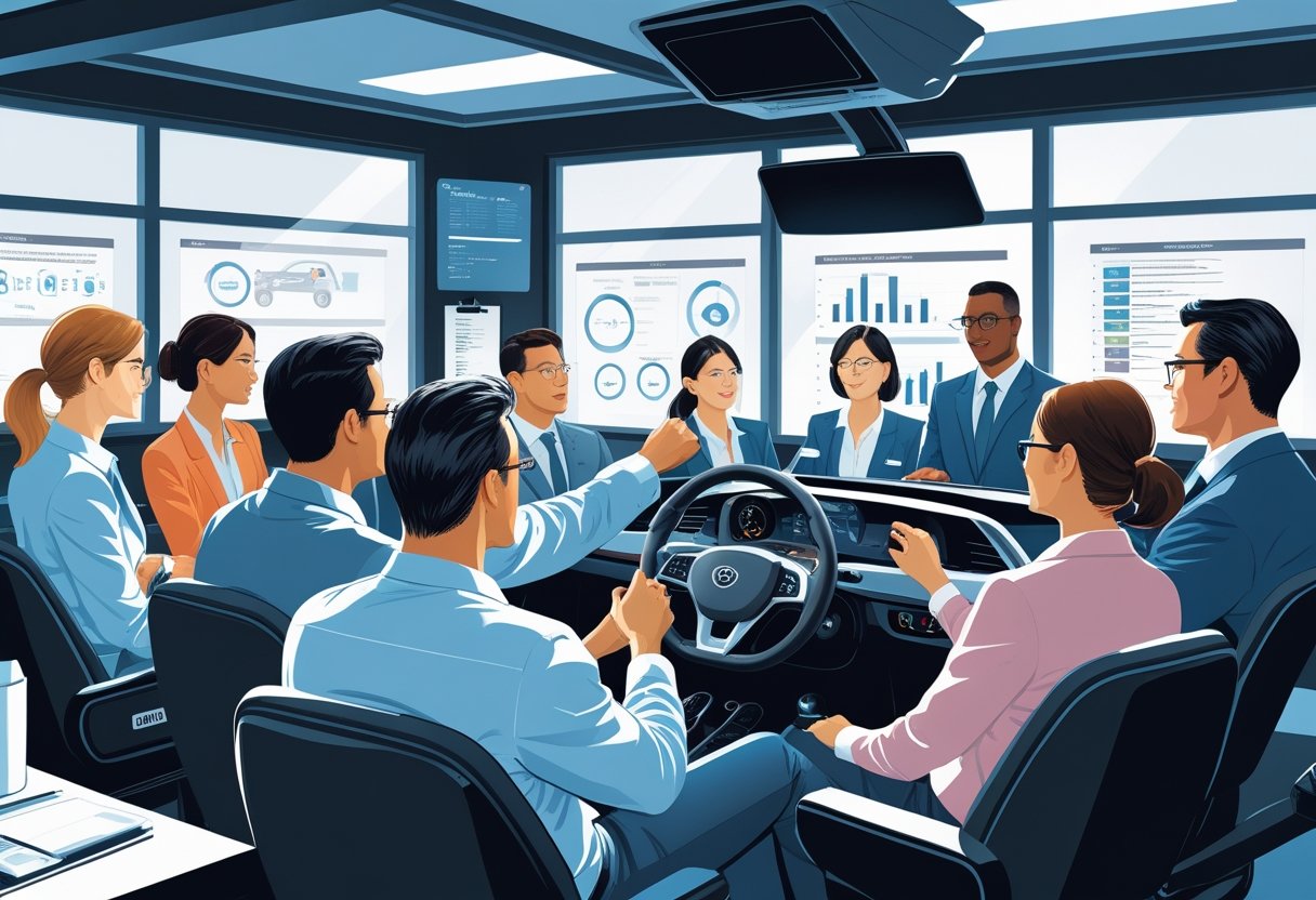 A group of HR professionals learning driving skills in a training room with a car simulator and an instructor.