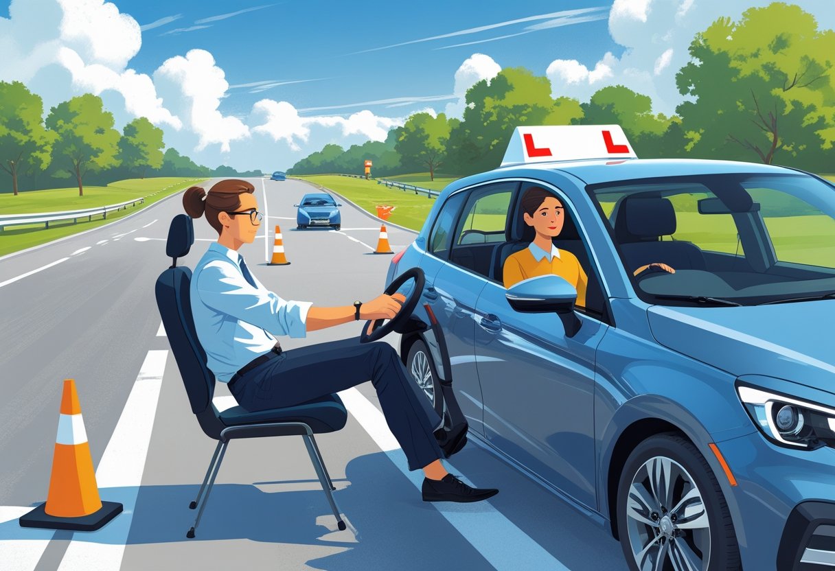 An office manager in business clothes learning to drive a car with a driving instructor beside them in a driving training area.