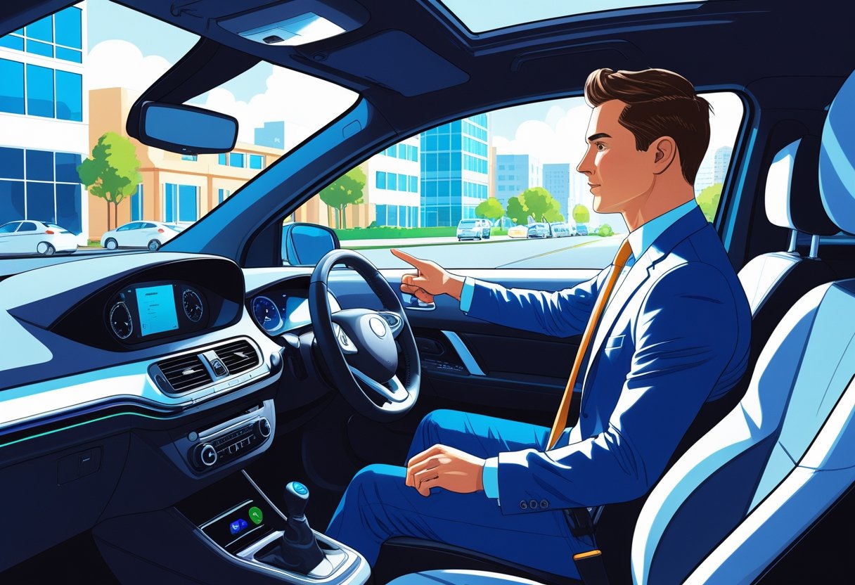 An office manager in business clothes sitting in a driving school car with an instructor beside them, driving through a city with office buildings visible outside.