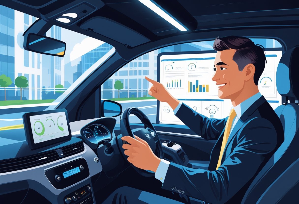 An office manager in business clothes learning to drive with an instructor inside a driving simulator in a modern classroom setting.